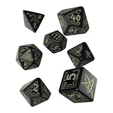 Imagem de Q-Workshop Call of Cthulhu Black & Glow-in-The-Dark RPG Ornamented Dice Set 7 Polyhedral Pieces Black & Glow-in-the Dark, Standard (15mm - 17mm)