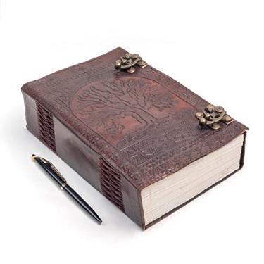 Imagem de TUZECH Diário de couro grande feito à mão, 600 páginas, em relevo, árvore da vida, livro das sombras, caderno Hocus Pocus com escrita de sete chakras grimório caderno de esboços 18 x 25 cm encadernado em couro (marrom)