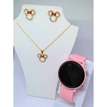 Imagem de Kit Relógio Feminino Digital Led Redondo + Conjunto Colar e Brincos Fo