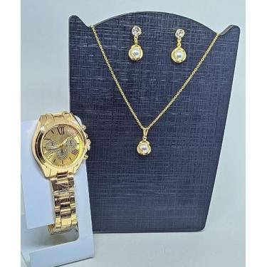Imagem de Kit Relógio Feminino Analógico Aço Inox Qurtzo Romano Dourado Rose Gol