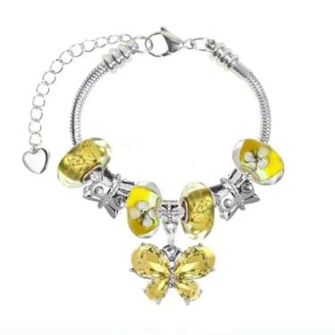 Imagem de Pulseiras Pandora de bétula branca com pingentes, ideias de presentes ajustáveis de 17 a 21 cm de borboleta e flor Dourado