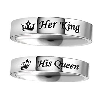 Imagem de Aotiwe Anéis combinando para casais de aço inoxidável e prata "Her King His Queen", anéis de casal de aço de titânio, Women 7 & Men 8, Metal não precioso, Sem pedras preciosas,
