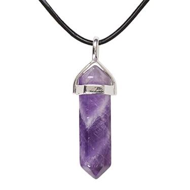 Imagem de Colar de couro genuíno com pingente de chakra de Reiki pontiagudo hexagonal com pedra preciosa 45,7 cm, Couro, Ametista