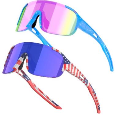 Imagem de IKTOD Óculos de sol infantil de beisebol juvenil para meninos e meninas de 4 a 16 anos, softball, óculos de ciclismo com proteção UV400, Pacote com 2/moldura azul + molduras de bandeira/Cb05