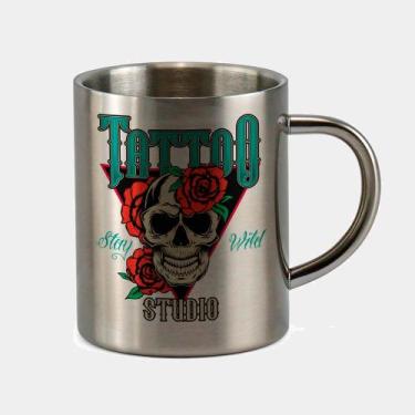 Imagem de Caneca de Inox Premium Prateada 400ml Caveira Rosa Tattoo Studio - Cri