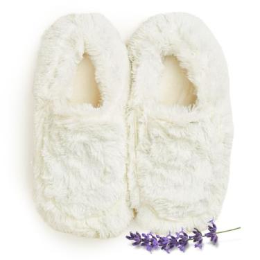Imagem de warmies Chinelos femininos para uso no micro-ondas – Pantufas de pelúcia, macias e felpudas com costas e solas antiderrapantes de espuma viscoelástica – Chinelo feminino aconchegante e quente, Creme,