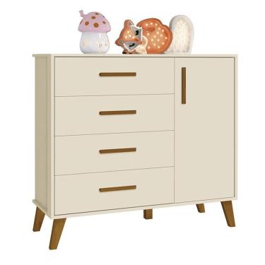 Imagem de Cômoda Ayla 4 Gavetas MDF Puxador em Pinus Bege Fosco com Pés em Madeira para Quarto Infantil
