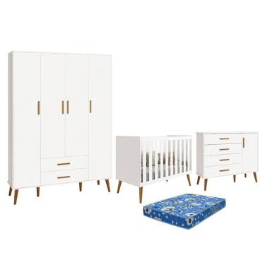 Imagem de Dormitório Infantil Isis Guarda Roupa 4 Portas, Cômoda 1 Porta E Berço Branco Com Colchão - Reller Móveis Branco