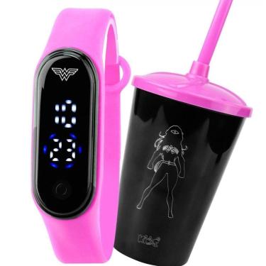 Imagem de Relogio Digital Infantil Prova Dagua + Copo Mulher Maravilha Data Presente Silicone Esp...