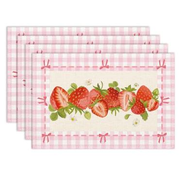 Imagem de Conjunto de 4 tapetes de mesa de linho de morango e frutas, 30,5 x 45,7 cm, laváveis, morangos, rosa, xadrez, casa de fazenda, resistente ao calor, para jantar, cozinha, festa, decoração de férias