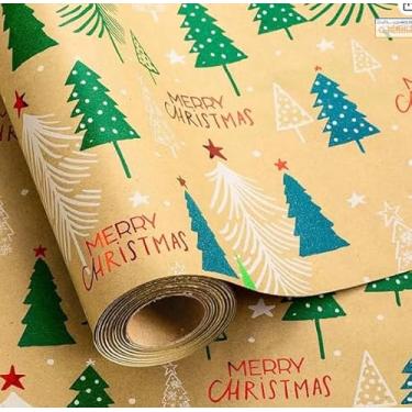 Imagem de Yarcony Rolo de papel de embrulho de Natal Kraft, papel de embrulho de árvore de Natal, papel de embrulho de presente de feriado Kraft grosso com design de árvore de Natal de folha verde para feriados