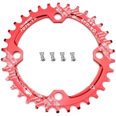 Imagem de CYSKY Anel de corrente estreito largo 104BCD 32T 34T 36T 38T 4 parafusos bicicleta única corrente para 9 10 11 velocidade, perfeito para bicicleta Road Bike Mountain Bike BMX MTB Fixie Track Fixed-Gear Bicycle (redondo, vermelho), 34T, 34T