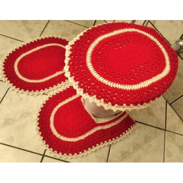 Imagem de Jogo de banheiro de crochê com 3 peças cru com listra colorida - Tomaz