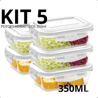 Imagem de Marmita de Vidro 350ml Potes Hermético KIT 2, 3 e 5 Un Tampa Travas Mi