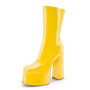 Imagem de Perisis Bota feminina de cano curto com plataforma GoGo, salto alto, redondo, com zíper, de couro, cano médio, para festa rave, Patente amarelo, 38