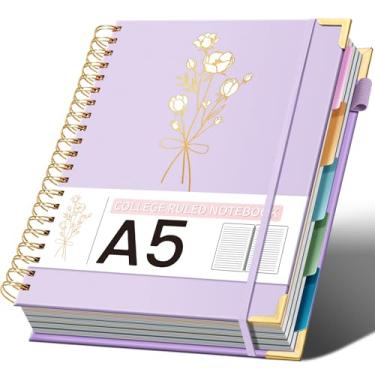 Imagem de Cadernos espirais de capa dura 15,5 cm x 21,3 cm Caderno para anotações com 5 matérias, pautado na faculdade, com divisórias, 240 páginas, caderno espiral estético de 100 g/m² para trabalho, escola