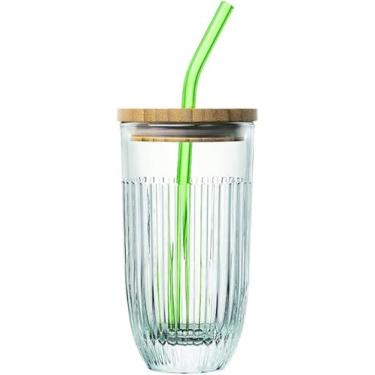 Imagem de Copo de smoothie coberto La Rochere Quessant (473 ml) — Copo de vidro com tampa e canudo para bebidas geladas, vitaminas e mais — Copos com tampas de bambu