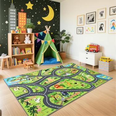 Imagem de B BENRON Tapete infantil Zoo Adventure, tapete de brinquedo de animal fofo com suporte antiderrapante, tapete infantil com leões, tigres e girafas para brincadeiras educativas e divertidas, 152 x 91