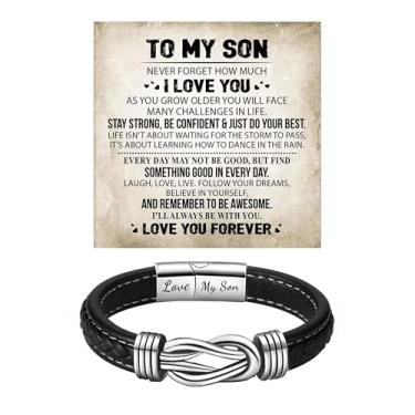 Imagem de sunglnl Pulseira To My Son da Mom Dad, pulseira de aço inoxidável com contas de nó infinito de couro trançado Forever Love presentes para filho aniversário com caixa de cartão de mensagem joias, Large