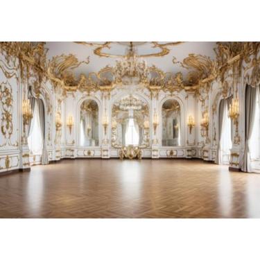 Imagem de Yeele Cenário luxuoso de palácio de 2,1 x 1,5 m para fotografia retrô europeu candelabro porta arco castelo nobre fundo interior para crianças adultos festa de aniversário retrato estúdio cabine