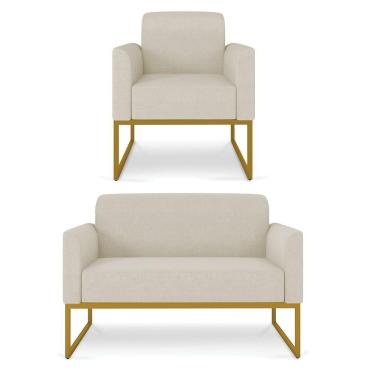 Imagem de Kit 01 Namoradeira 02 Lugares E 01 Poltrona Marisa Linho Grosso Bege A19 Dourado
