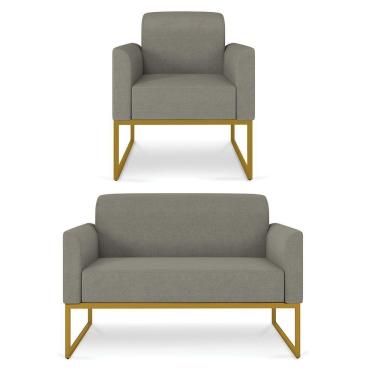 Imagem de Kit 01 Namoradeira 02 Lugares E 01 Poltrona Marisa Linho Grafite A26 Dourado