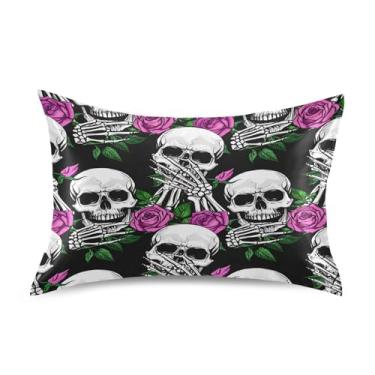 Imagem de Qilmy Fronhas de cetim com rosas de crânio, capa de almofada de seda respirável macia com fecho de envelope para sofá-cama e sofá, tamanho king 102 x 50 cm