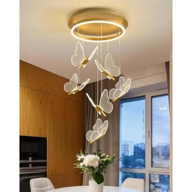 Imagem de Lustre moderno para escada, LED dimerizável, formato de borboleta, em alumínio, dourado, luminária de decoração de interiores, estilo nórdico, adequado para sala de estar, casa de campo, hot
