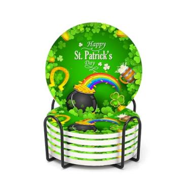 Imagem de Porta-copos para bebidas, conjunto de 6, Dia de São Patrício com folha de trevo, arco-íris, tapete de cerâmica absorvente, com base de cortiça e suporte de metal, decoração de bar para casa, presente