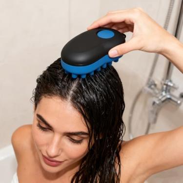 Imagem de 1 escova de xampu com função de massagem retrátil, massagem no couro cabeludo, pente de dentes largos para cachos de cabelo, adequado para uso diário. (preto e azul)