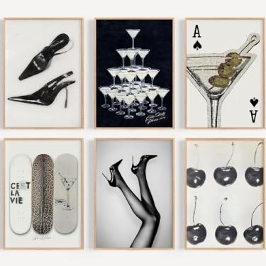 Imagem de ZRHJKYV Arte de parede na moda preto e branco com salto descolado, pôster em tela, minimalista, carrinho de bar, elegante, decoração de parede, imagem para dormitório, apartamento, conjunto de 6 30 x