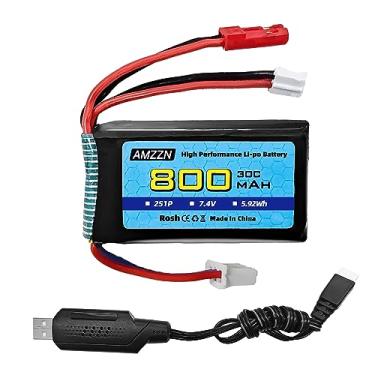 Imagem de AMZZN Bateria Lipo 7,4V 30C 2S 800mAh com plugue JST e cabo de carregamento USB de colocação de plugue PH2.0 para bateria de carro SCX24 RC, compatível com a maioria dos caminhões RC de brinquedo e