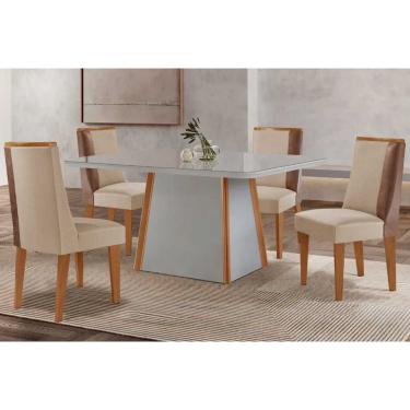 Imagem de Sala Jantar Mesa Tilia Tampo c/ Vidro Curvo 120cm+4 Cadeiras Tilia Naturale/Off White - Suede Creme - Rufato