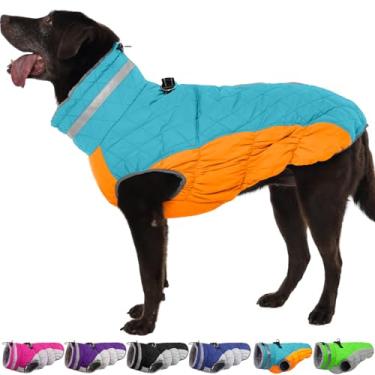 Imagem de OUOBOB Casacos quentes para cães grandes, jaqueta impermeável para cães com arnês embutido, zíper Clousure, forro de lã, gola rolê, para clima frio, roupa de neve para animais de estimação Border