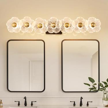 Imagem de MantoLite Luminária de banheiro luminária moderna sobre espelho ajustável 3000 K-6000 K luzes de arte com persianas de vidro transparente floral para sala de estar quarto arandelas de parede (7 pretos