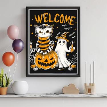 Imagem de Kits de arte de diamante 5D para adultos - kits de pintura de diamante DIY Halloween, broca redonda completa - artesanato de ponto cruz bordado de cristal para decoração de parede, presentes de Natal