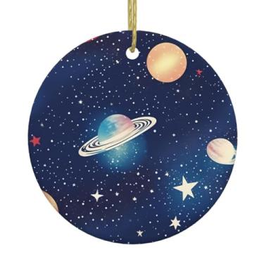 Imagem de Céu estrelado universo espaço impresso Natal cerâmica pendurada redonda pendurada, pingentes de porcelana, decoração criativa de Natal
