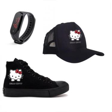 Imagem de Kit Feminino Hello Kity Tênis Relogio e Boné Adulto Infantil Presentes