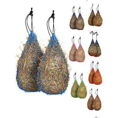 Imagem de Majestic Ally Rede de feno para cavalos, 2 peças de alimentação lenta de 106,66 cm, furos pequenos de 5,08 x 5,08 cm, corda de nylon, alimentador de viagem ajustável para reboque e parada, simula pastas, reduz o desperdício (azul)