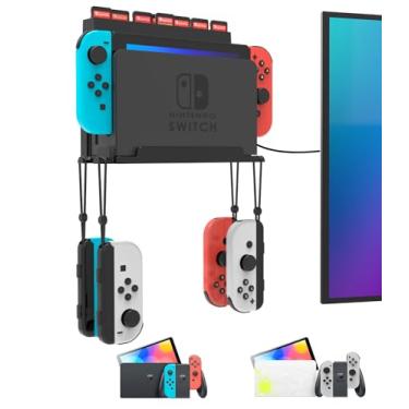 Imagem de Suporte de parede para Nintendo Switch e Switch OLED com 28 porta-cartões de jogo e 4 ganchos Joy Con, console de controle organizado atrás da TV, para jogadores, preto