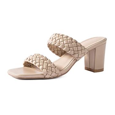 Imagem de N.N.G Sandálias femininas de salto grosso trançado nude bico quadrado de couro confortável com tiras vestido casual sandálias mules, Salto/creme de 7,5 cm (3, 7