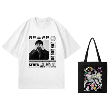 Imagem de Jungkook Camiseta Solo Seven + lona, camisetas soltas K-pop unissex com suporte superior, camisetas estampadas Merch Cotton Shirt, Branco, P