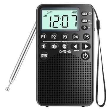 Imagem de RunningByte Rádio AM/FM Portátil com Tela LCD, Alto-Falante, Predefinição, Temporizador de Sono, Despertador, Soneca, Operado por Bateria, Preto