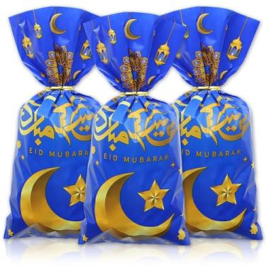 Imagem de Eid Sacos de guloseimas de celofane, 100 unidades de sacos de plástico para doces Ramadan Mubarak com laços torcidos, sacos de presente Eid Moon Sacos de lembrancinha de festa para festa temática do