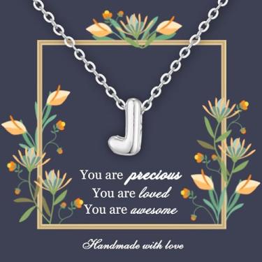 Imagem de Pwiuor Colar feminino com letra J com inicial prateada banhada a prata delicada, com nome fofo, bijuteria personalizada, presente, Latão, Sem Pedra Preciosa