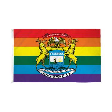 Imagem de AZ FLAG - Bandeira do arco-íris de Michigan - 9,5 cm x 1,5 m - Faixa Gay Lgbt Michigan de poliéster 100D com dois ilhós de metal - Resistente ao desbotamento - Cores vivas - 90 cm x 1,5 m - 150 x 90