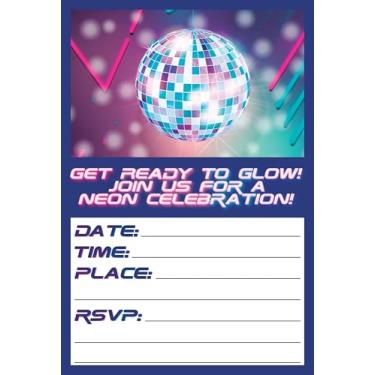 Imagem de ENDLESS CHOICES 20 x Convites e envelopes de aniversário de festa neon - Convites de festa de feliz aniversário para crianças, 15 x 10 cm, estilo cartão postal