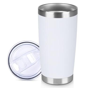 Imagem de VQRRCKI Copo de aço inoxidável de 590 ml a granel com tampa Copos de café com isolamento de parede dupla para bebidas quentes e frias, caneca de café de viagem revestida com pó fosco (branco, 1