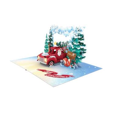 Imagem de ASVP Shop Cartão de Natal - Pop Up 3D - Papai Noel dirigindo uma caminhonete vermelha com árvore de Natal em uma floresta nevada