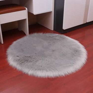 Imagem de Tapetes de pele redondos para quarto, sala de estar, piso, pelúcia felpuda, macio, pele de carneiro sintética, tapete branco para casa, tapete de área, tapetes de cabeceira, cinza, diâmetro 60 cm